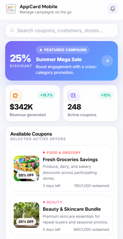 AppCard mobile experience showing featured campaign, live metrics, and active coupons