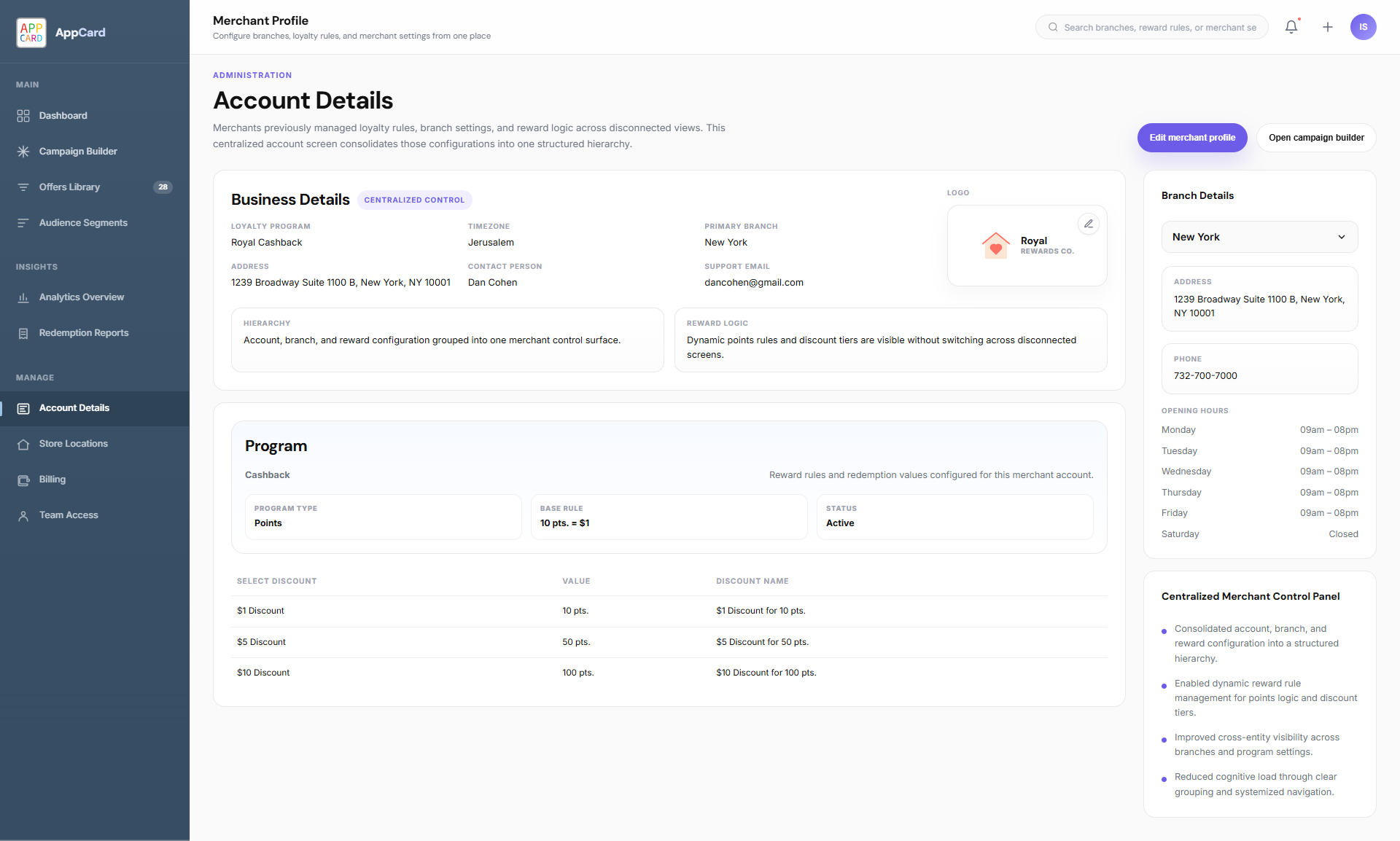 Centralized merchant control panel