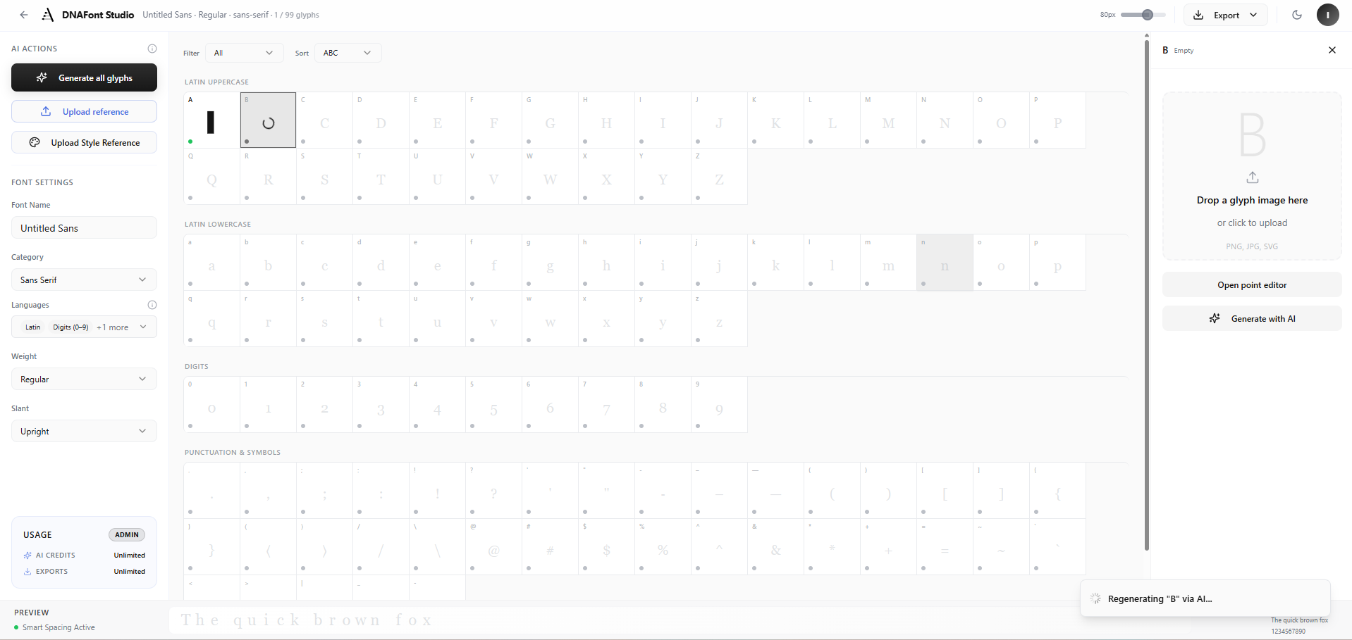 DNAFonts generation screen showing style prompt and generation options