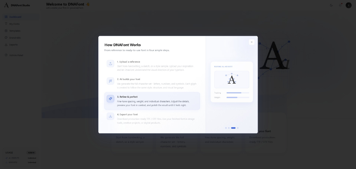 How DNAFonts works dialog, step three, refine and perfect