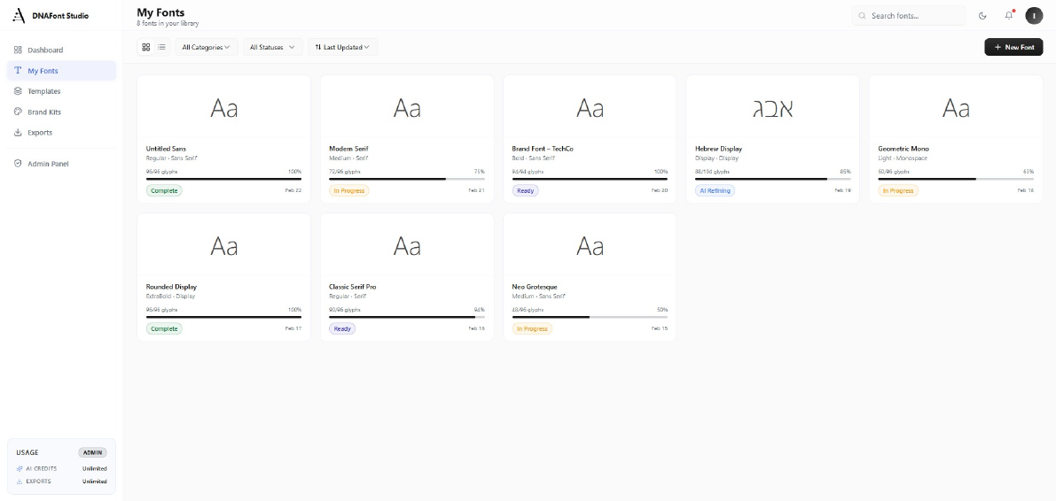 DNAFonts My Fonts library with progress bars and font statuses