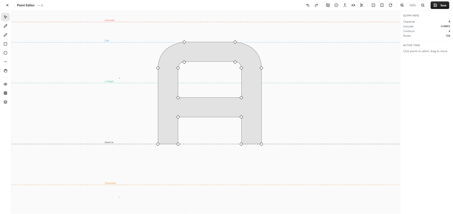DNAFonts Point Editor showing the editable vector outline and control points for glyph A