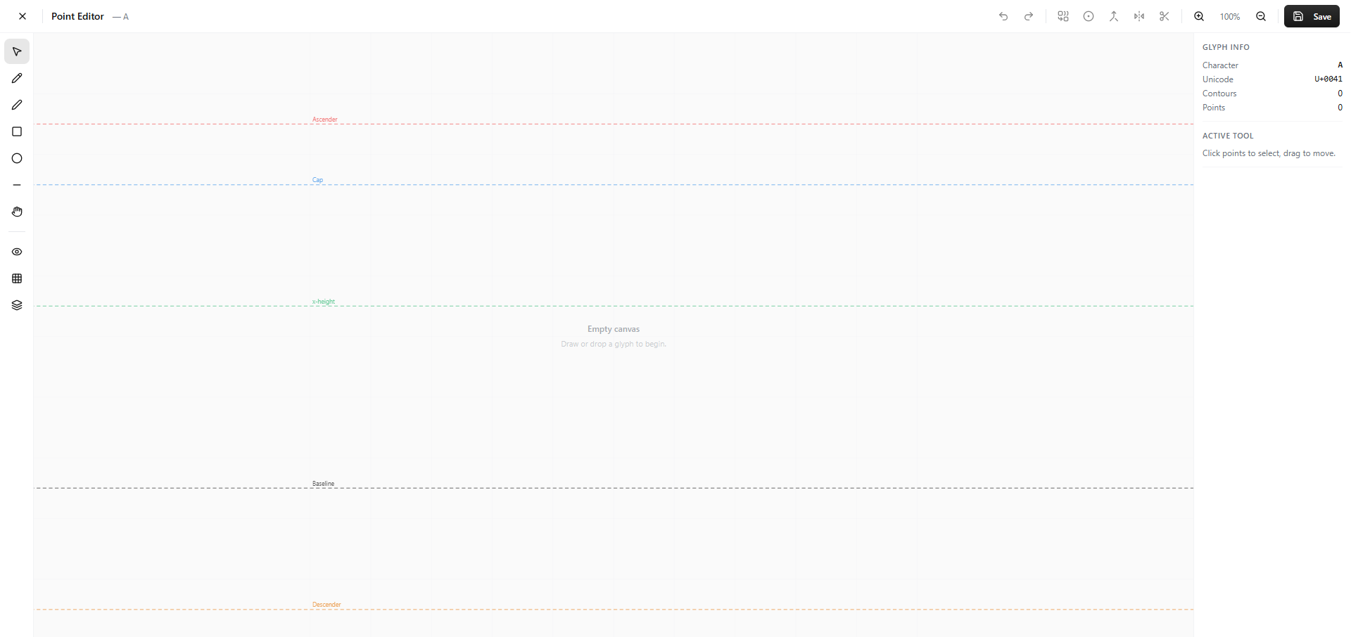 DNAFonts point editor with typographic guides and glyph controls