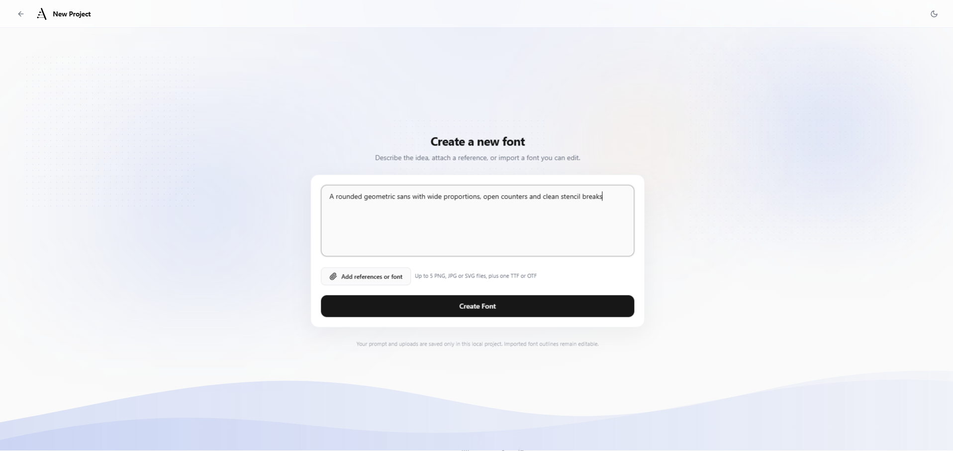 DNAFonts New Project screen with a prompt field, reference upload, and Create Font action