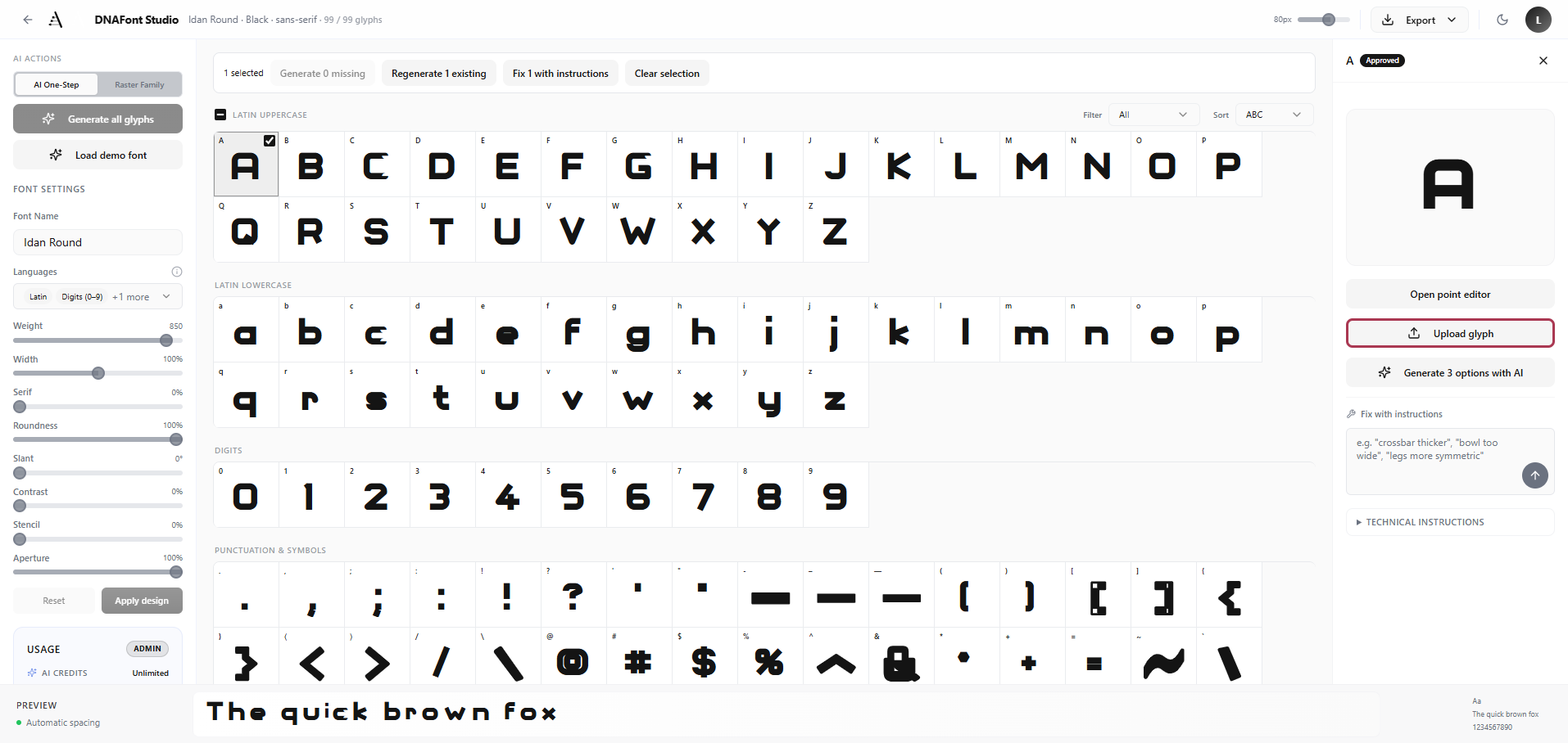 DNAFonts selected glyph panel with Upload glyph highlighted