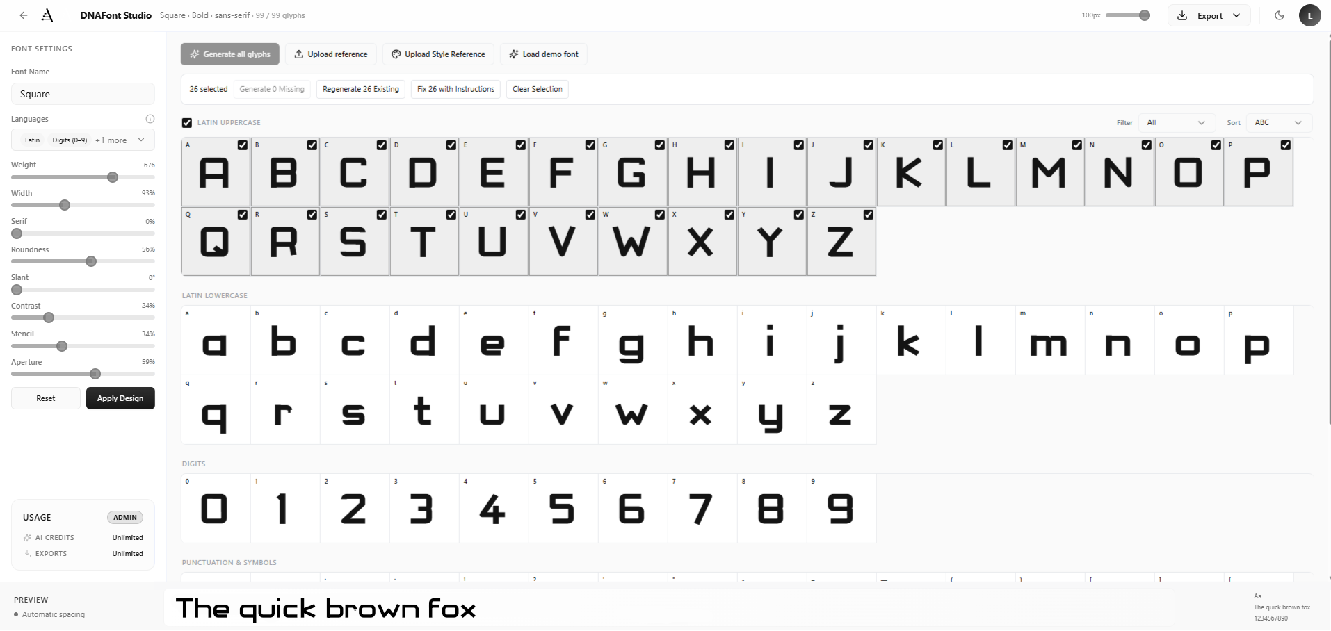 DNAFonts studio with selected uppercase glyphs and batch action controls