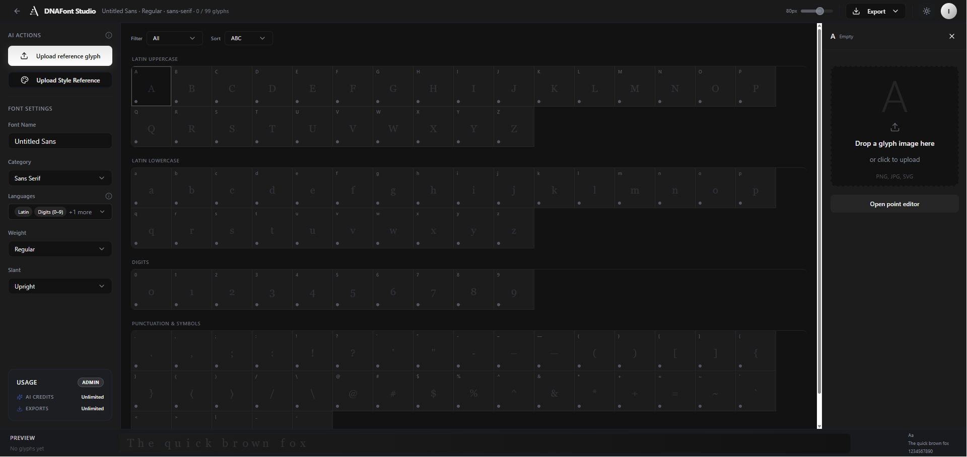 DNAFonts studio in dark mode