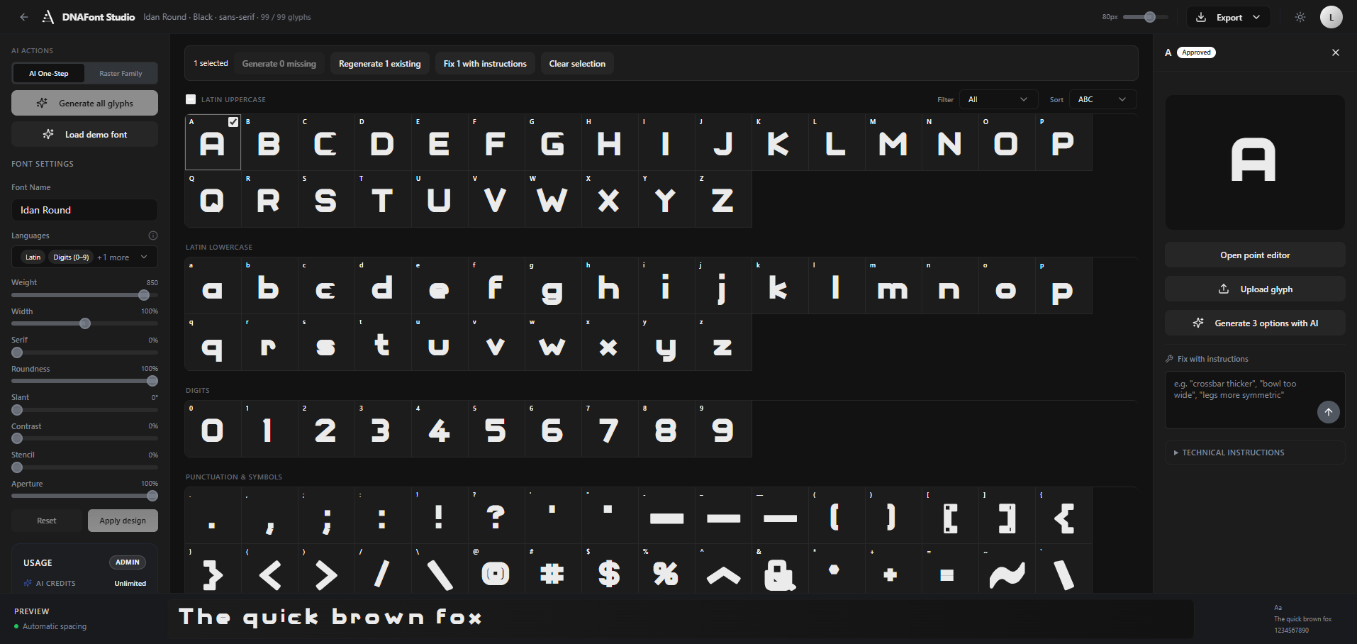 DNAFonts current studio in dark mode with glyph grid, design controls, and selected glyph actions