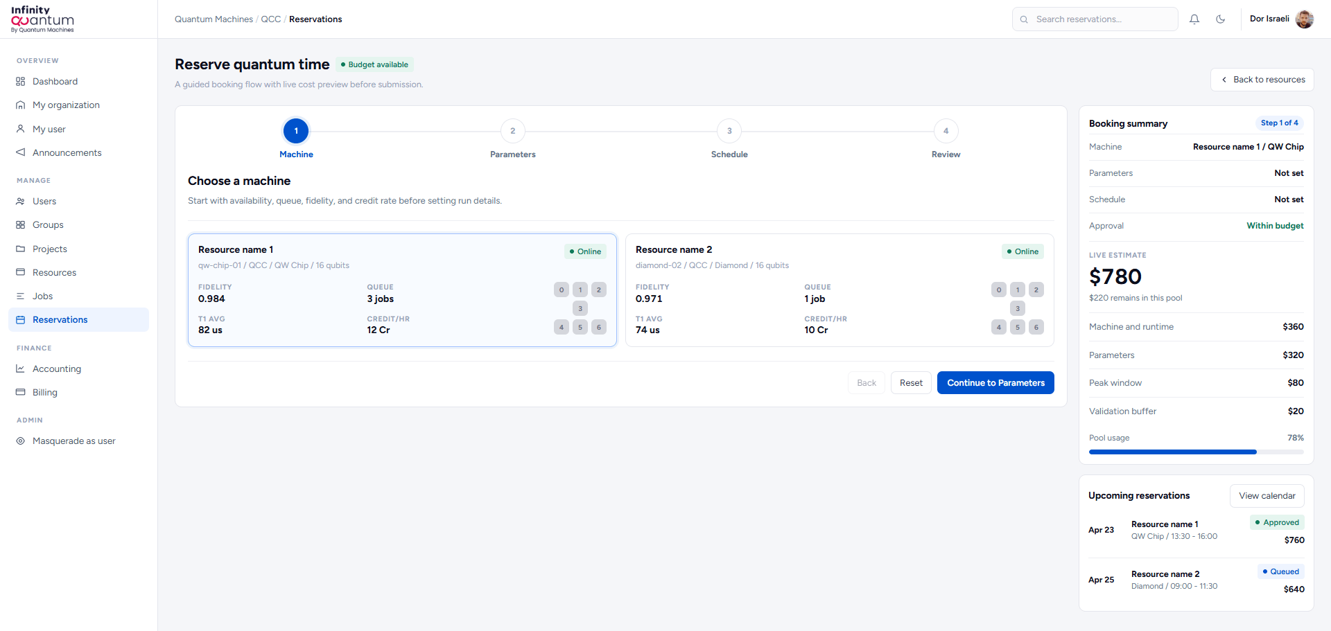 Infinity Quantum reservation flow machine step with resource comparison and live estimate