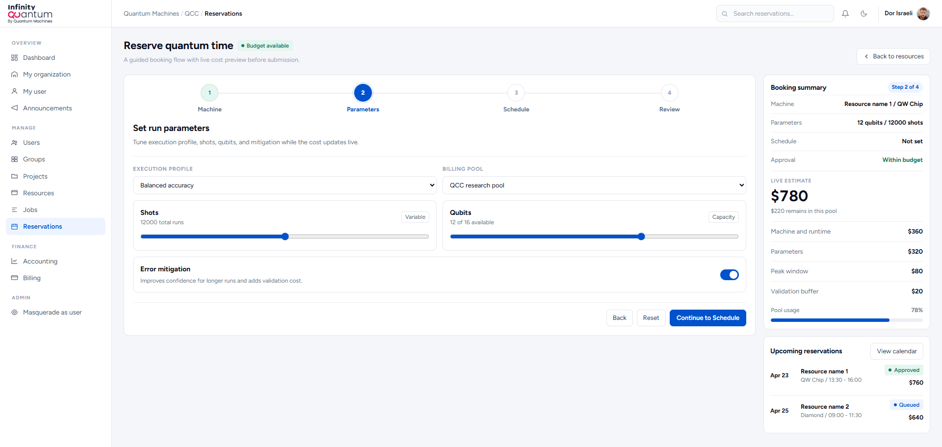 Infinity Quantum reservation flow parameters step with sliders and live estimate
