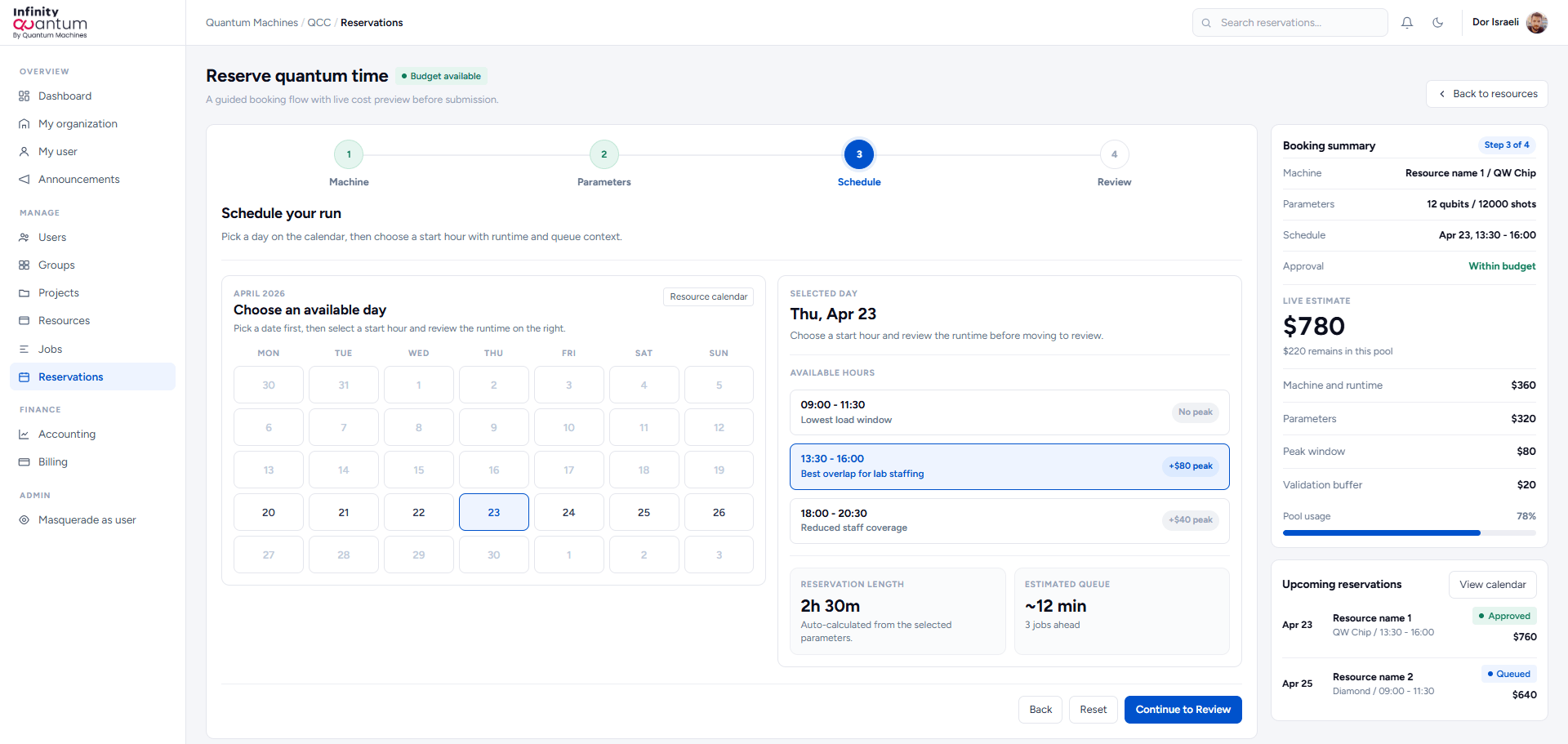 Infinity Quantum reservation flow schedule step with calendar and available hours