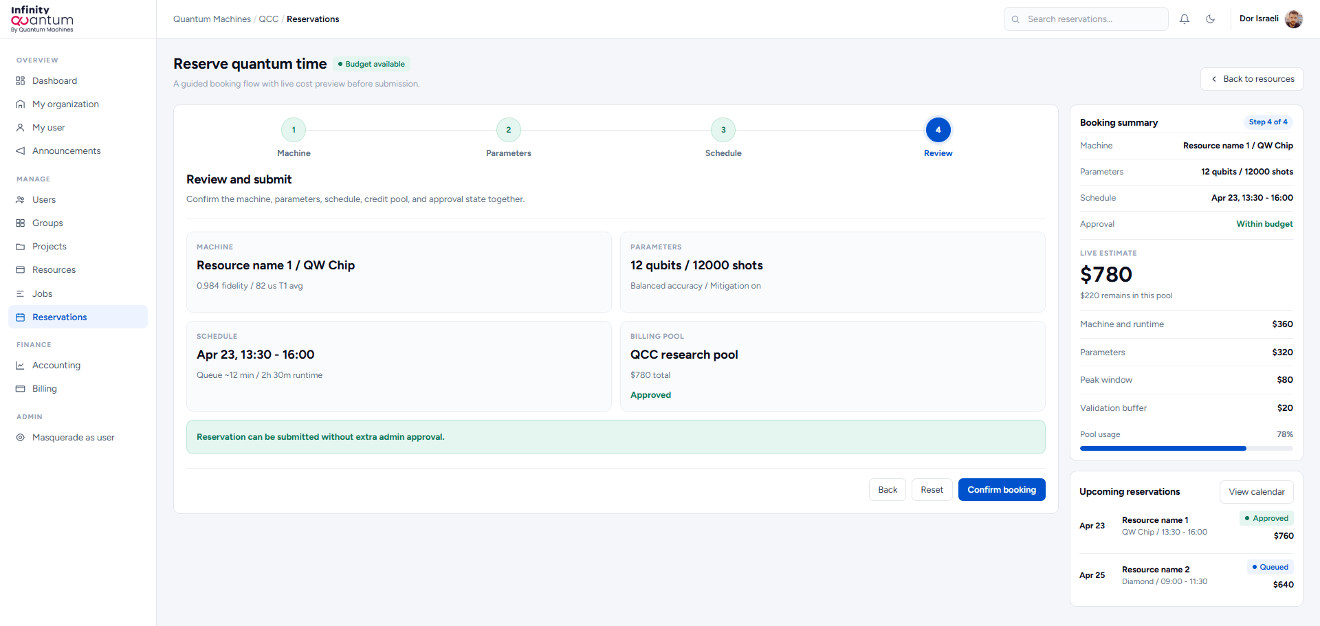 Infinity Quantum reservation flow review step with summary and approval state