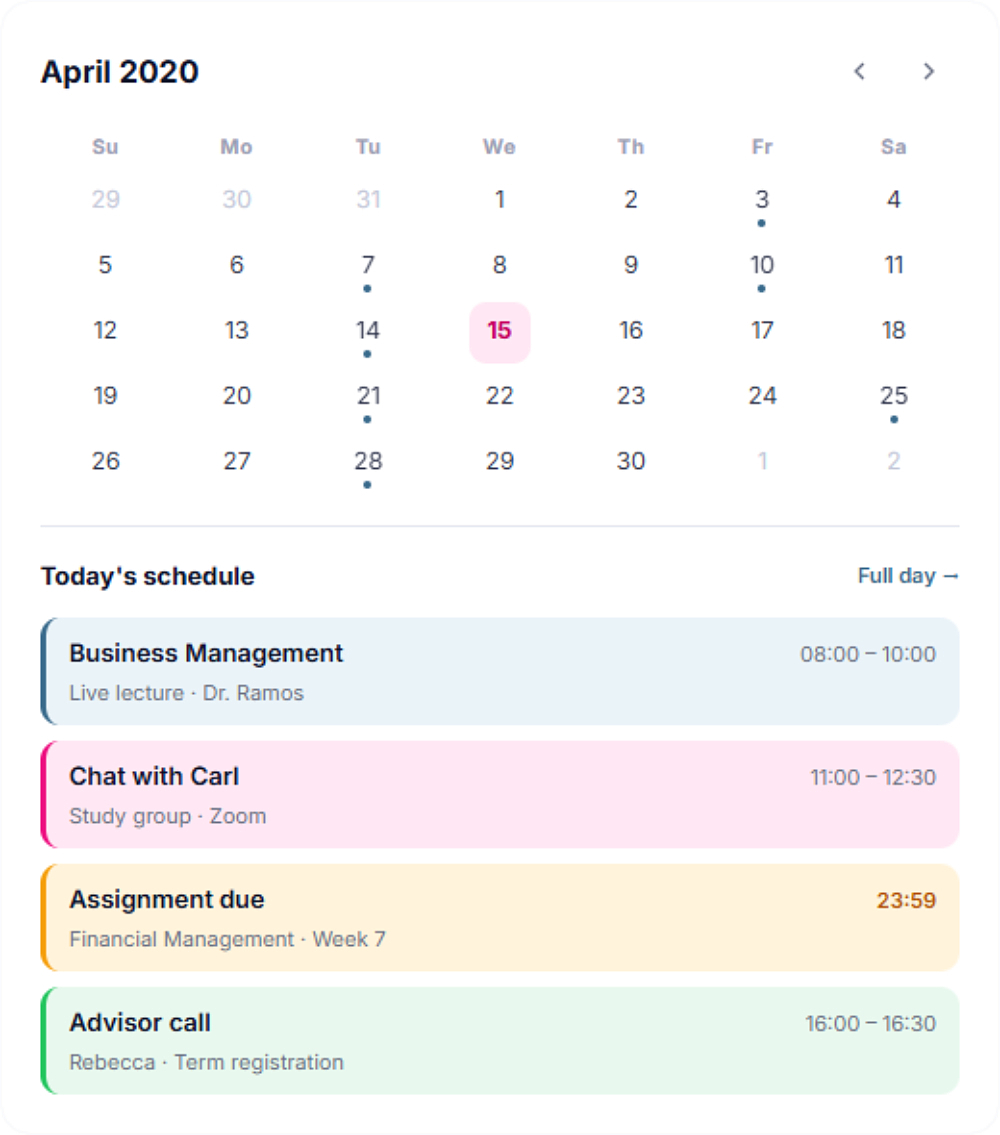 Native portal calendar detail with schedule and daily academic events