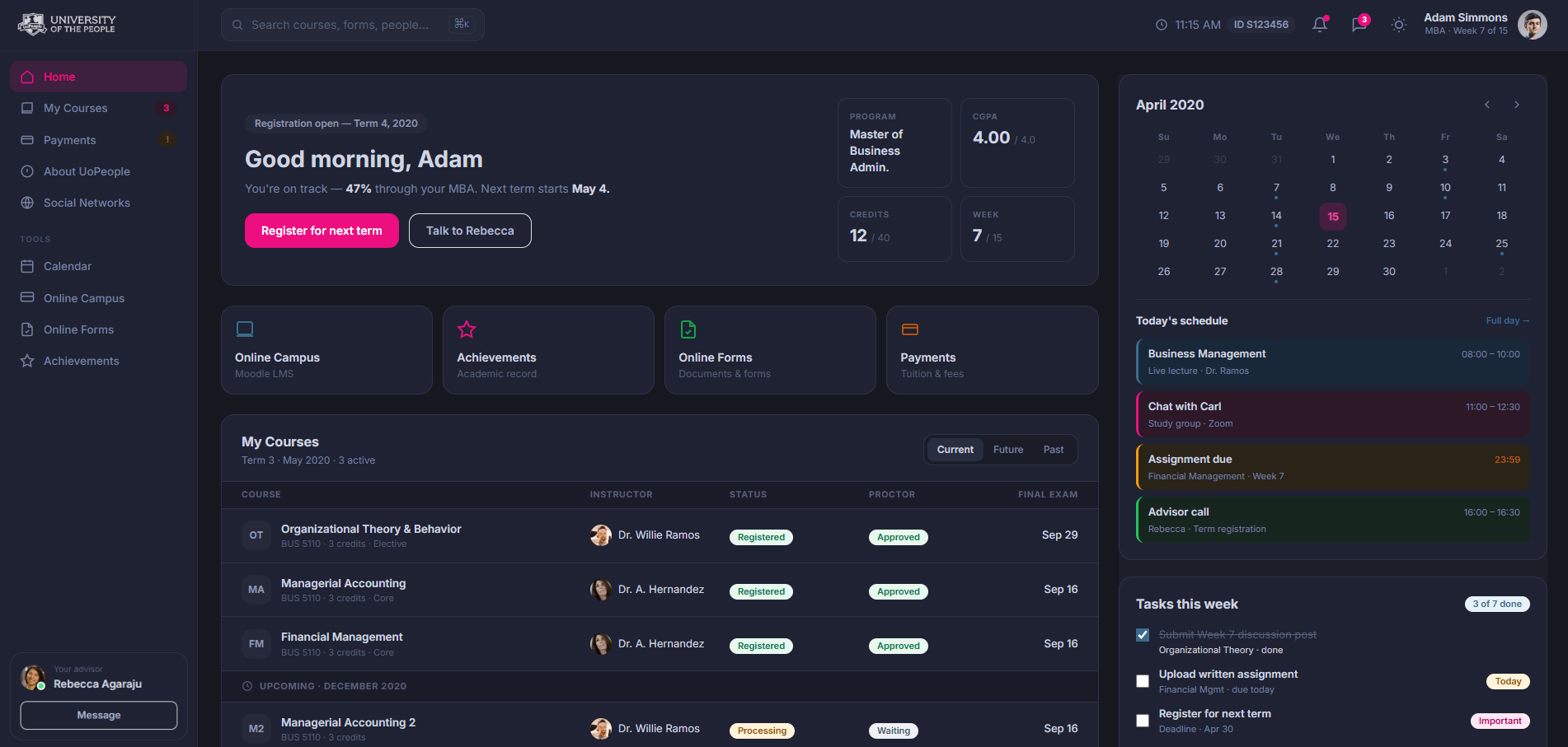 University of the People dark mode dashboard showing courses, schedule, and student tasks
