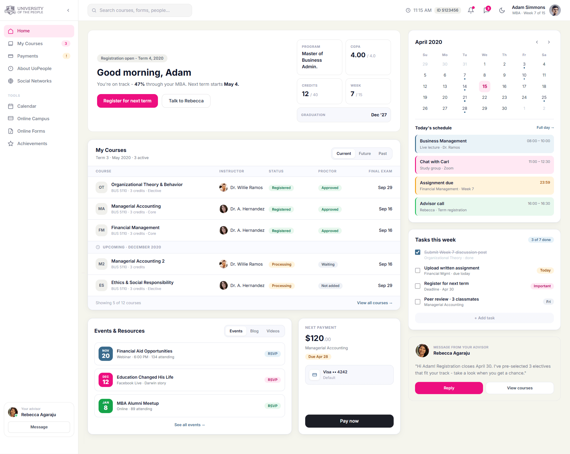 Simplified student dashboard