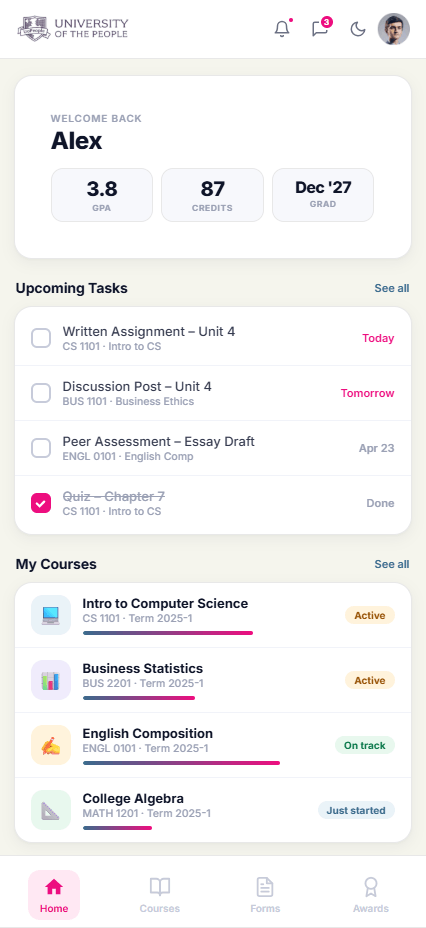 University of the People mobile student companion showing updates, reminders, and quick academic information